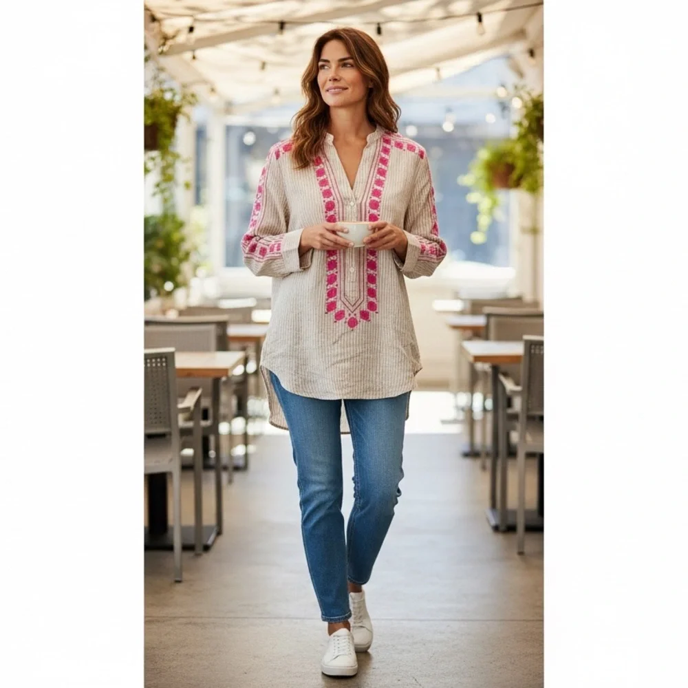 J.Crew Linen Striped Embroidered V-Neck Boho Tunic Top AM650 XS